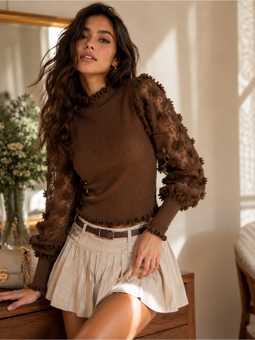 NWT Brown Ribbed Knit Top Sheer Puff Sleeves 3D Floral High Neck size M